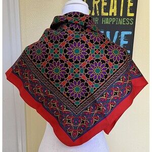 Vtg Herman Pecker & Co Red Geometric 30" x 30" Scarf Made In Italy